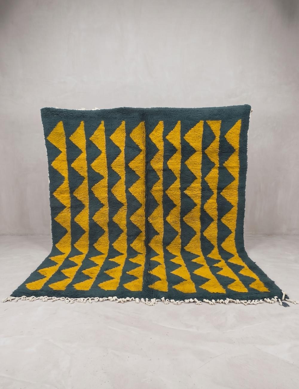 Modern Moroccan Azilal Rug Dark Teal & Mustard Yellow