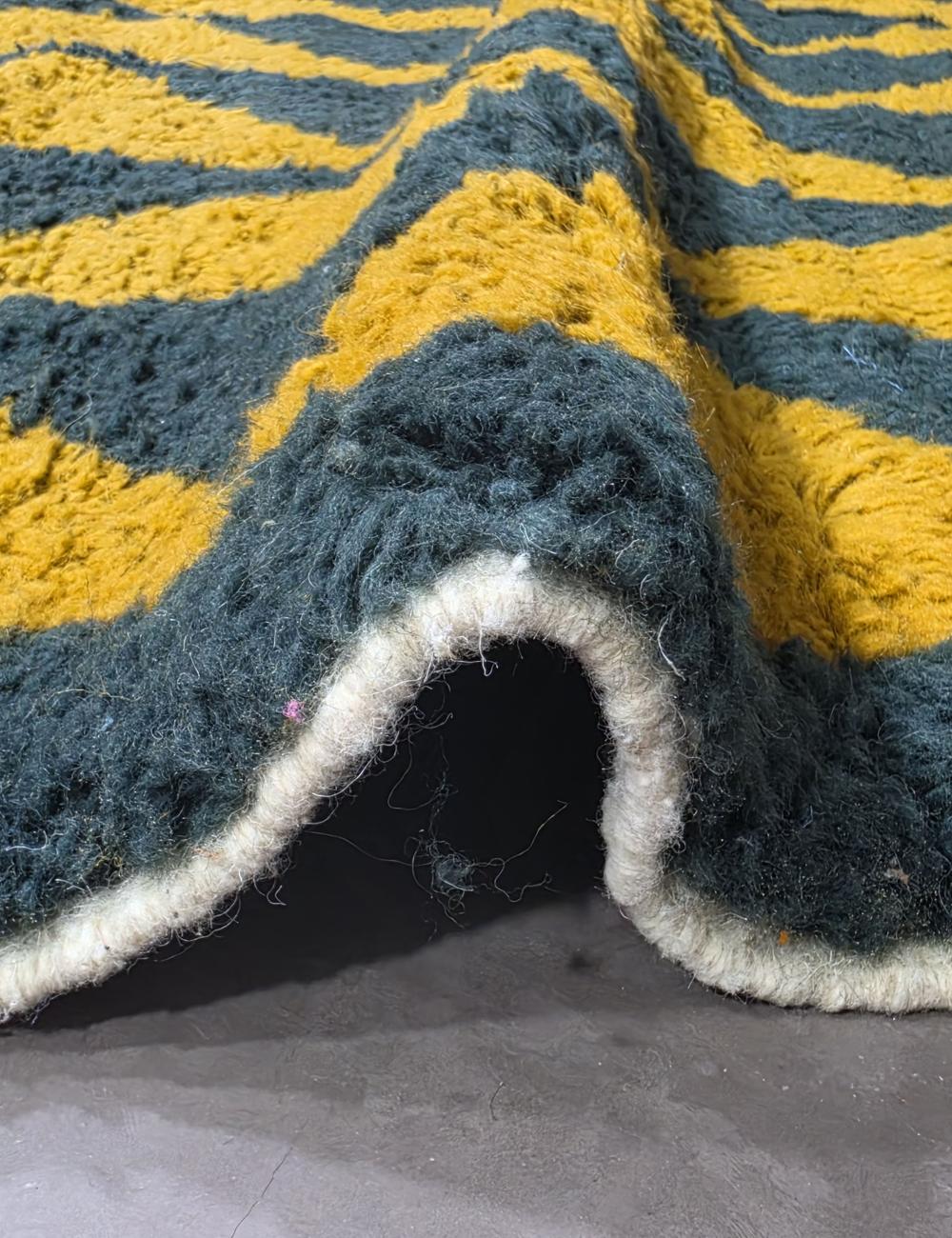 Modern Moroccan Azilal Rug Dark Teal & Mustard Yellow - Image 3
