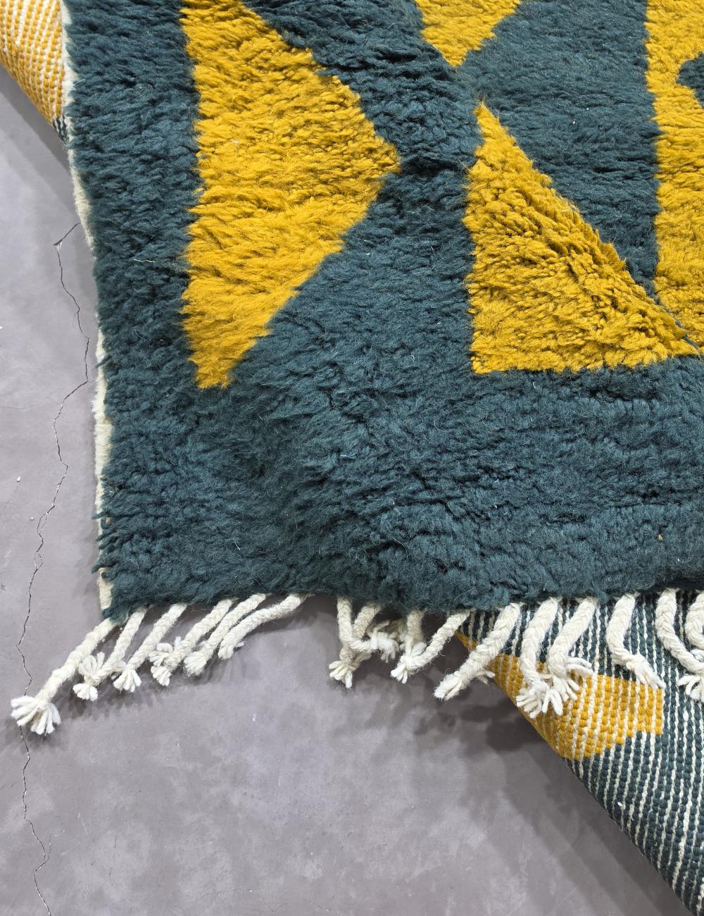 Modern Moroccan Azilal Rug Dark Teal & Mustard Yellow - Image 4